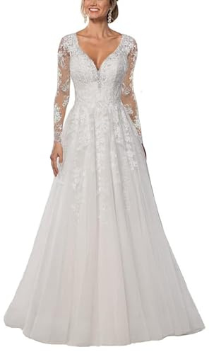 SEVENYXX Abito da Sposa delle Donne, Abito da Sposa, Pizzo Puro, Abito da Sposa a Maniche Lunghe, Abito da Sposa della Principessa, Bianco, 42