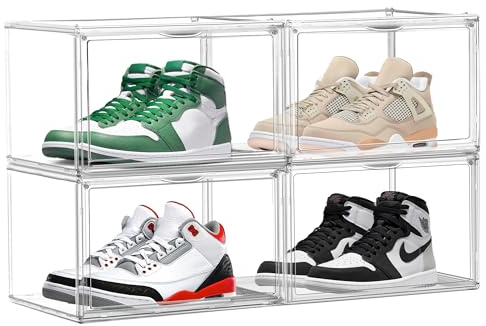EZJOB 4 Pack Clear Shoe Storage Boxes Stackable Shoes Organizer Acylic Boots Sneaker Display Case with Magnetic Lid,Size14