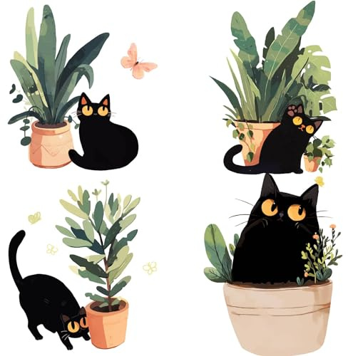 GORGECRAFT 4 Estilos Gatos Negros Plantas Pegatinas de Vidrio 16x16cm Mariposa de Primavera Calcomanía de Pared Estática Etiqueta Puerta Corredera Ventana Alerta Anticolisión Se Adhiere para Evitar