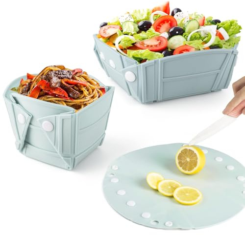 CHSEEO Faltbare Schüssel, 3 in 1 Silikon Camping faltbare schüssel eckig, Tragbare Zusammenklappbare Lunchbox Faltbare Obst Salat Schüssel für Camping Wandern Küche Schule im Freien, Blau
