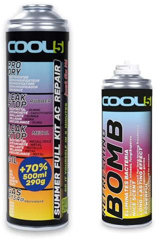 Cool5 Refrigerante de repuesto R134a para aire acondicionado de coche, 1 lata 5 en 1, 290 g + ambientador para coche, 136 g