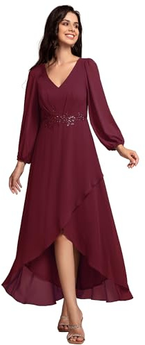 Ever-Pretty Vestido de Invitada Boda Cuello en V para Mujer Mangas Linterna Cintura Imperio Aplique Vestidos de Dama Honor Burdeos 38