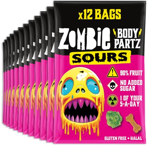 Zombie Real Fruit Sweets, Sour Fruit Gummies (12 Bags), 90% Fruit, No Added Sugar, Vegan, Healthy Snacks for Adults, Kids, Low Calorie, Gluten Free, Halal, Bulk, Jelly, Tub, Vegetarian, Party Bags | Kids and Adults Lunchbox Snacks, No Added Sugar, Vegan, Gluten Free, Nut Free, Halal, Kosher, 1 of Your 5-a-Day, Sweets