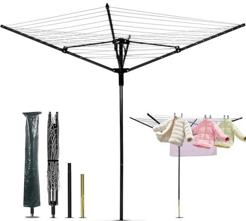 ybaymy Séchoir à linge rotatif à 4 bras - Avec housse de protection - Corde à linge de 50 m avec douille de sol - Cintre pour linge propre - Bras en aluminium