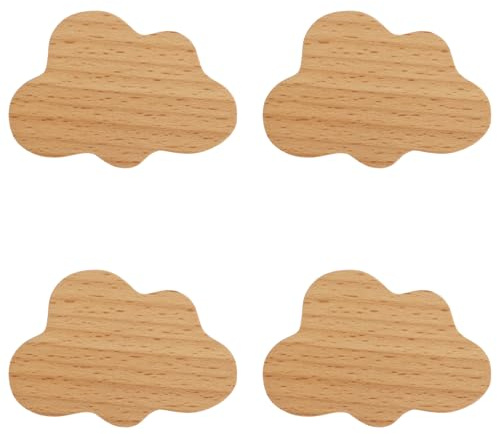 MOROBOR Lot de 4 boutons en bois en forme de nuage à trou unique en bois de hêtre - Poignées de placard en bois pour armoire - Boutons pour commode avec vis et tube d’expansion
