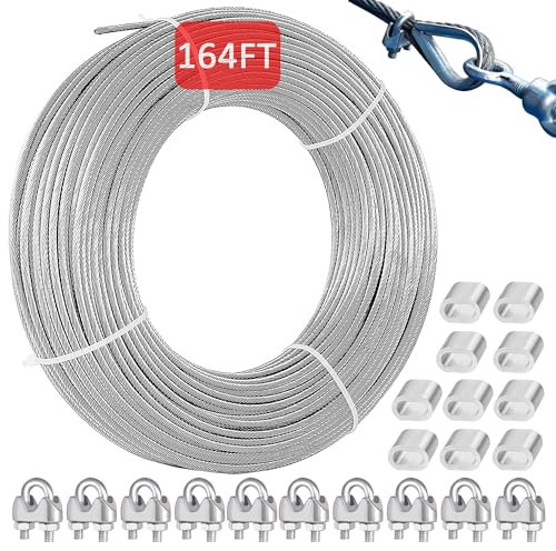 Eachans 2mm 50m Stainless Steel Wire Rope, PVC Coated 304 Steel Cable with 10 Wire Rope Clamps, Durable Steel Cable for Curtain Rods, Clothesline, Plant Support, String Lights, and Hanging Lights