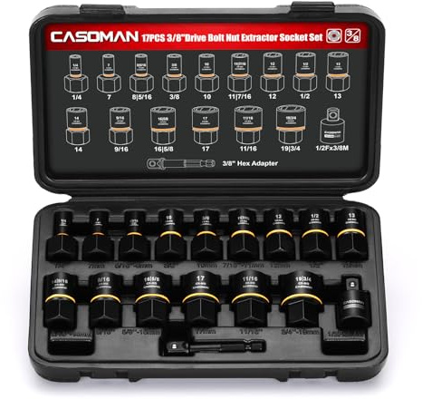 CASOMAN 17-Piece 3/8 Drive Impact Bolt and Nut Extractor Socket Set for Removing Damaged Rusted Broken Rounded Fasteners off with a Storage Case, SAE & Metric, 1/4-3/4, 7mm-19mm, CR-MO