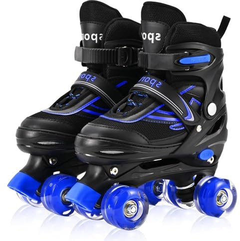 LOKJIJI Kids Roller Skates for Girls Boys Children Beginners, Adjustable 4 Sizes Quad Roller Skates for Kids and Youth with Light Up Wheels for Sports, Black & Blue (Large - UK 4-7)