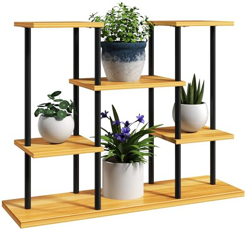 Outsunny Support plantes intérieur, étagère plante à 6 niveaux, cadre en acier base en bois massif, porte plante pour salon, balcon, jardin, bois naturel