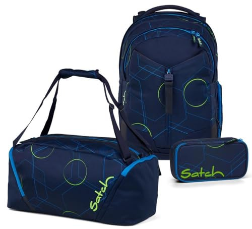 Satch Match Schulrucksack Set 3tlg. inkl. Schlamperbox und Sporttasche (Blue Tech)