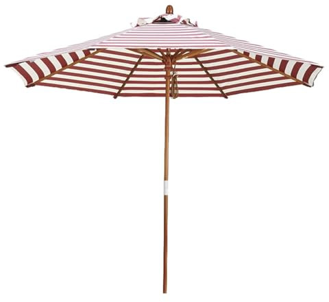 Sonnenschirm Ø 270 cm Gartenschirm aus Holz, Rot Gestreifter Terrassenschirm, Sonnenschutz mit UV 50+, 38 mm Stange