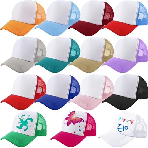 SGBETTER 15 Pack Kids DIY Trucker Hats Bulk Summer Mesh Baseball Cap Blank Sublimation Trucker Cap for Child Summer (US, Numeric, 6 3/4, Color Set 4)