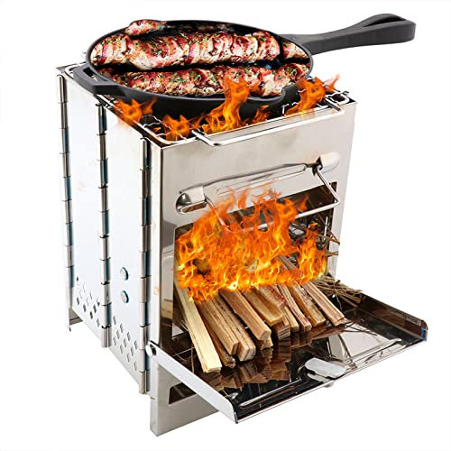 Premium-Klapp-Holzofen für Camping, Rucksackreisen, Wandern, Wohnmobil und Survival, Fass-Set mit Griffen zum Kochen im Freien