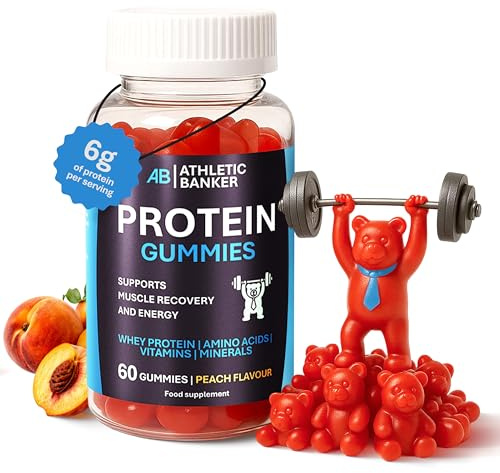 Whey Protein Gummies – Peach Flavour, 6g Protein per Serving, Low Sugar – Vegetarian Protein Supplement with Amino Acids, Vitamins & Minerals for Muscle Recovery – 60 Gummies – Formulated in The UK