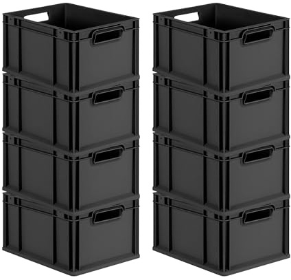 PROREGAL SuperSparSet 8x Eurobox NextGen Grip | HxBxT 22x30x40cm | 20 Liter | Griffe offen | Schwarz | Eurobehälter, Transportbox, Transportbehälter, Stapelbehälter
