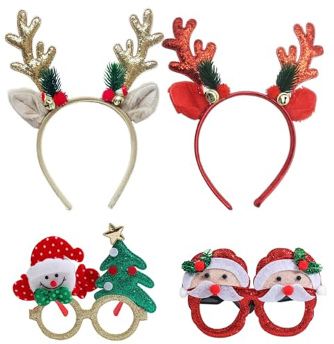 Rainway Tête de Noël en Bois de Renne avec Clochette, Ensemble de lunettes de Noël, Serre-Tête Scintillant, Accessoires cheveux de fête pour femmes et filles, pour Fêtes de noël, Carnaval et Cosplay