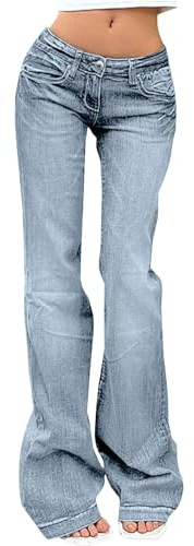 HOOUDO Low Waist Jeans Damen, Damen Flared Jeans, Stylische Sehr Niedrige Taille Skinny Fit Jeanshose, Klassisch Elastizität Pull On Streetwear, für Freizeit und Alltag Hellblau S