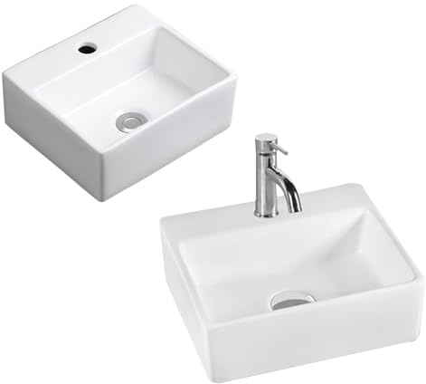 Lavandino da bagno compatto da 15,7 x 19,6 pollici in ceramica sopra il bancone per piccoli bagni, include kit di installazione rubinetto bianco da 4 pezzi per bagno