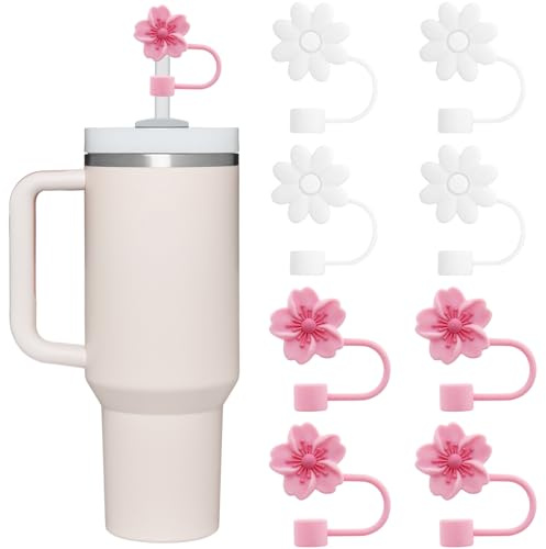 8pcs Silicone Straw Cap for Stanley Cup 20&40oz, 10mm Dust-Proof, Leak-Proof Reusable (Two-Color Flower Straw Cover)