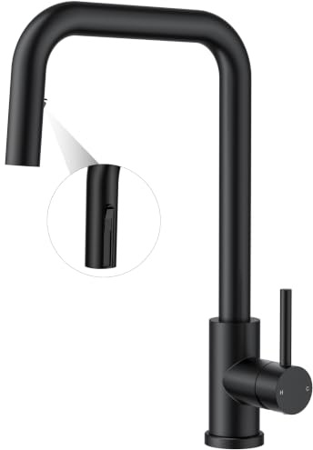 FORIOUS Robinet Cuisine, Mitigeur Cuisine à douchette escamotable, Robinet Evier 360° rotatif, Robinet de cuisine monocommande eau chaude et froide, Noir Mat