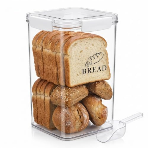 Punorric Airtight Bread Bin, 6L Clear Tall Bread Box with Sealed Lid and Spoon, Plastic Stackable Food Storage Containers with Wide mouth, Kitchen Storage Bin for Homemade Toast Bagel, Bpa-Free
