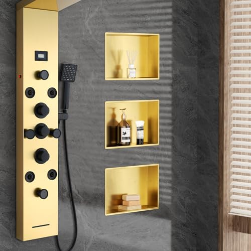 KEOKBON 25x40x10cm Shower Niche, Brushed Gold, 304 Stainless Steel | Tile-less recessed wall insert, two 25x20cm compartments, rustproof for wet room, shower essentials storage