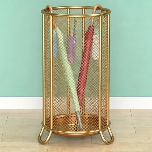 Yidlkecqey Triangle Support Umbrella Rack, Stable Welded Umbrella Stand with Leak-Proof Water Tray & Hooks, Holds Long and Short Umbrellas, Durable Organizer for Entryway(Gold,50x20cm/19.7x7.8in)