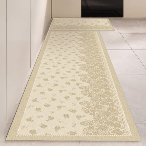 Alfombra Cocina 50X80Cm Flor Beige Alfombra Vinilica Cocina Cuero,Modernas Lavable Antideslizante Anti Fatiga para Pasillo, Comedor,Hogar Alfombrilla Cocina
