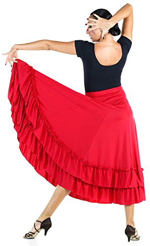 Danzcue Adult 2 Ruffles Flamenco Dance Skirt, Red, Large