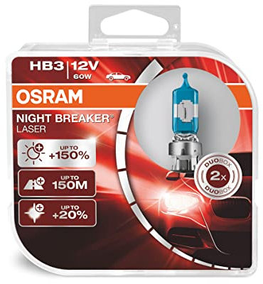 OSRAM NIGHT BREAKER LASER HB3, +150% more brightness, halogen headlight lamp, 9005NL-HCB, 12V, duo box (2 lamps)