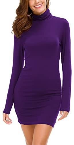 EXCHIC Femmes Casual Confortable Col Roulé Longues Manches élastique Mini Robe Sexy Bodycon Club Robe (XL, Violet)