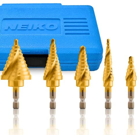 NEIKO 10173A Step Drill Bit Set for Metal and Wood, 5 Piece SAE, Spiral Grooved for Faster Drilling, Step Bits with 50 Total Step Sizes, Titanium Coated Unibits