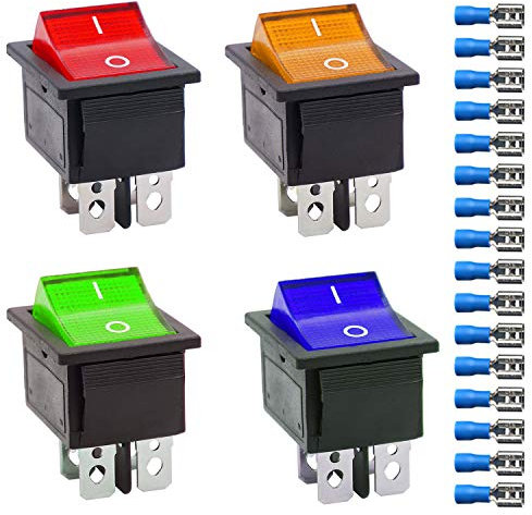 Gebildet 4Pcs Luce Rossa/Verde/Giallo/Blu Interruttore Barca AC 16A/250V 20A/125V ON-OFF 2posizione 4Pin DPST Interruttore a Bilanciere con 16Pcs Connettori Terminali
