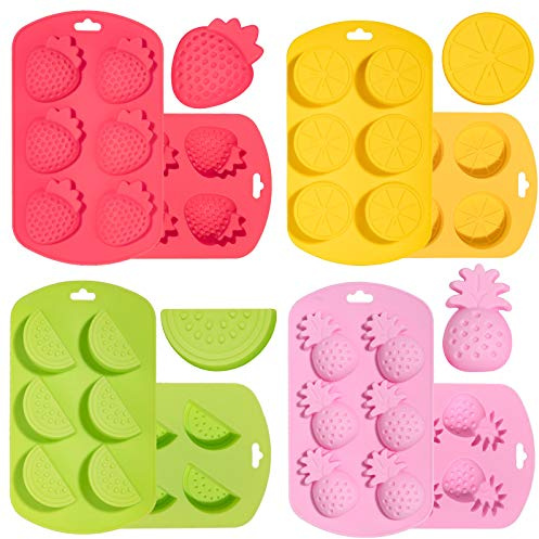Whaline 4 Pack Fruit Shaped Silicone Mold Pineapple Lemon Watermelon Strawberry Chocolate Candy Baking Mould 3D Summer Fruit Ice Mold for DIY Jelly Fondant Soap Gummy Cake Cupcake Topper Decoration