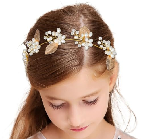IYOU Hochzeit Perle Kopfschmuck Gold Blätter Haarranke Blume Mädchen Prinzessin Stirnband Haarschmuck für Bräute und Brautjungfern
