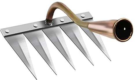 Milageto Unkrautjäter Werkzeug Jäten Baumwollhof Rasen Graben Gräben Rechen Greifen Harken Lockern Bodenartefakt Gartenhacke für die Gartenarbeit, 5 Zähne Kupfer