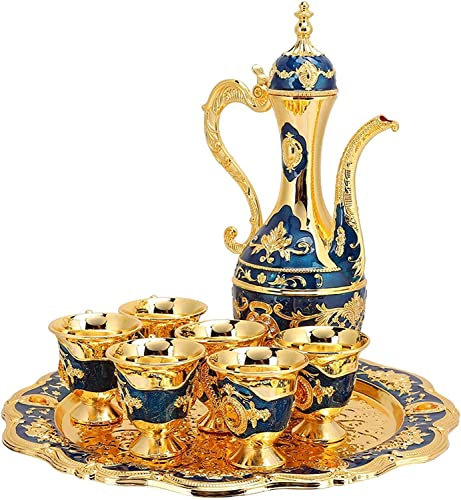 Ensemble de tasses à café turc, théière turque, tasse à vin, ensemble de tasses à café turques vintage, ensemble de 6 tasses à café et plateau à thé, loisirs créatifs, cadeau de mariage (bleu)