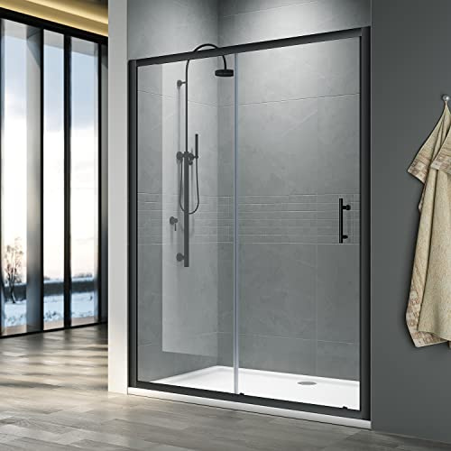 ELEGANT 1200 x 900mm Black Sliding Shower Enclosure with Tray + 90mm Waste in 6mm Safety Glass Screen Shower Door for Bathroom Wet Room