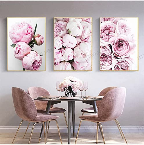 HTWLMM Rosa Blühende Blume Bilder Nordic Leinwand Poste Wandbilder Wohnzimmer Mädchen Schlafzimmer Deko Modern Kunst Badezimmer Bilder Poster Set Rahmenlos (3X50X70CM,2)