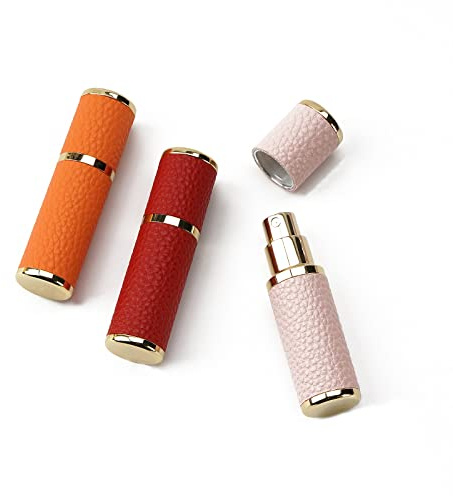 LUEXBOX 3 Pack Portable Perfume Bottle for Travel, Mini Refillable Perfume Dispenser, 5ml Faux Leather Leak Proof Perfume Atomizers Bottles Sprayer for Pocket Perfume (Red, Pink, Orange)
