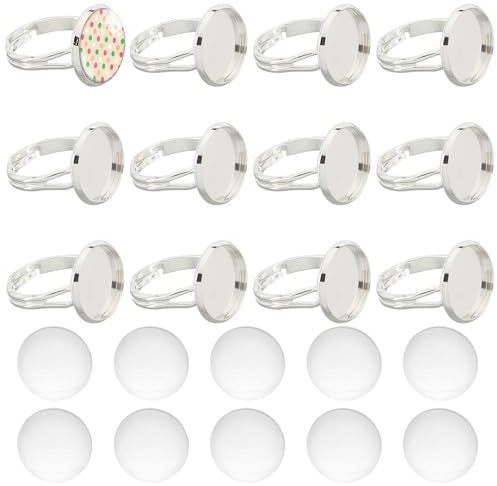 SUNNYCLUE 80 Stück Cabochon Ring Rohlinge Verstellbare Ringbasis 14 mm Glas Cabochons Blanko Lünette Tabletts Flache Tablettringe Fassungen Cabochon Fingerringe Für Schmuckherstellung Kit Damen Erwach