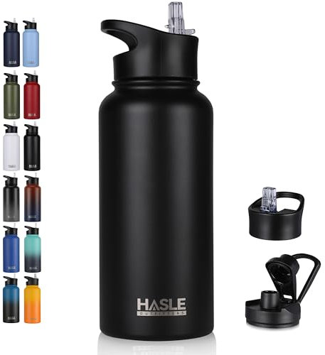 HASLE OUTFITTERS 32 oz Insulated Water Bottle Stainless Steel Double Walled Vacuum Sports Water Bottle with 2 Lids (Straw and Spout Lid) for Gym Camping Hiking(Black,1)