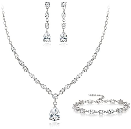 EVER FAITH Cubic Zirkonia Schmuck Set für Braut Brautjungfer, funkelnde elegante Teardrop Anhänger Halskette baumeln Ohrringe Armband für Damen klar Silber-Ton