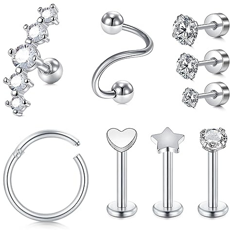 Briana Williams Helix örhängen broskpiercing 6 mm 8 mm CZ rostfritt stål 1,2 mm tragus stänger öronpiercing smycken, Rostfritt stål