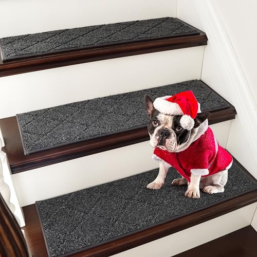 COSY HOMEER 4 Stück Treppenstufen Matten, 70 x 22cm Anti Rutsch Stufenmatten Selbstklebend, Maschinenwaschbar, 100% Polyester, TPE-Rücken, Ideal für Kinder, Senioren und Haustiere, Schwarz