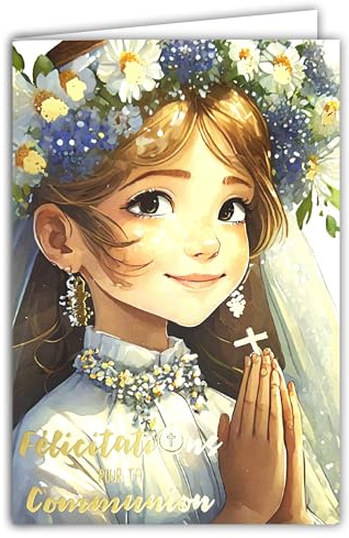 68-6004 - Tarjeta de felicitación para tu comunión en oro dorado brillante con sobres de 12 x 17,5 cm para niña cristiana católica en amanecer castiga blanca y corona de flores, fabricación francesa