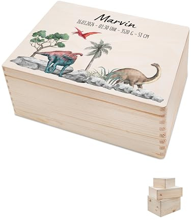 Bärenfreunde - Personalisierte Erinnerungsbox Baby mit Spezial-Druck - Individuelle Baby Erinnerungsbox - Erinnerungskiste aus Holz - Geschenk zur Geburt (M | Stülpdeckel,Dinosaurier)