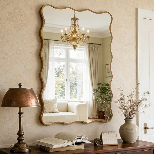 SHYFOY Miroir Mural Asymétrique avec Cadre Ondulé Rectangulaire Décoratif Moderne pour Salle de Bain, Chambre à Coucher, Salon, Maison, Bronze Antique