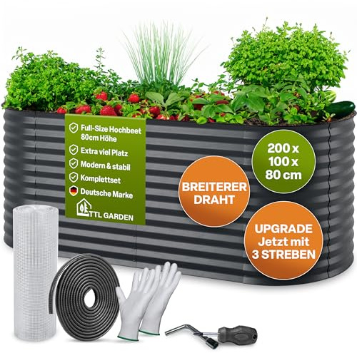 TTL GARDEN 200x100x80cm Inspire L anthrazit Metall Hochbeet Stahl verzinkt | - Rostfrei verzinkt & grau lackiert Wellblech ovale Form stabil Garten Beet für Gemüse Kräuter Blumen Gartenbeet Gemüsebeet