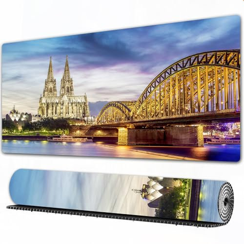 EOMKSE Mauspad Verlängertes großes Mauspad Schreibtischauflage,genähte Kanten Mauspad,Gummibasis,Europäisches Stadtbild, beleuchteter Dom in Köln Alte Brücke und Rhein bei Son,Gaming-Mauspad,40x75 cm